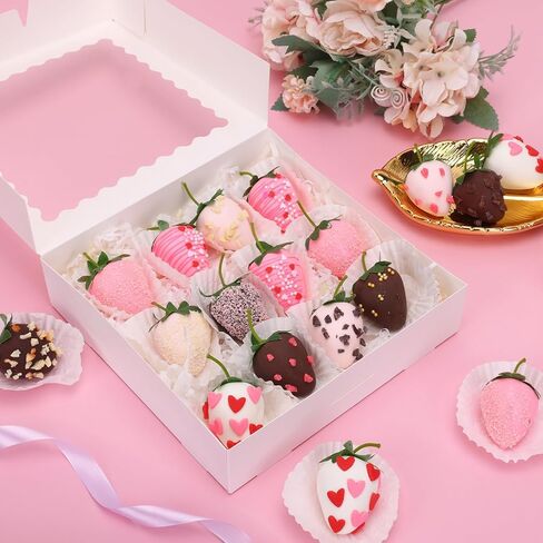 صناديق مخبز موريتو مقاس 8 × 8 × 2.5 بوصة، 50 قطعة من صناديق البسكويت البيضاء وصناديق المعجنات مع نافذة للكعك والفراولة والمعجنات in Kuwait