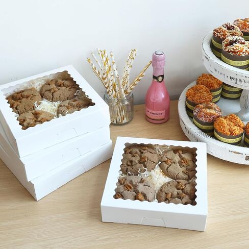 صناديق مخبز موريتو مقاس 8 × 8 × 2.5 بوصة، 50 قطعة من صناديق البسكويت البيضاء وصناديق المعجنات مع نافذة للكعك والفراولة والمعجنات in Kuwait