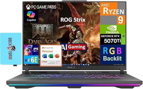 كمبيوتر محمول للألعاب ASUS ROG Strix AI بشاشة 16.0 بوصة 165 هرتز IPS WUXGA (AMD Ryzen 9 8940HX، GeForce RTX 5070 Ti 12GB، 16GB DDR5، Win 11 Home) مع MS 365 Personal، موسع منفذ USB DKZ in Saudi Arabia