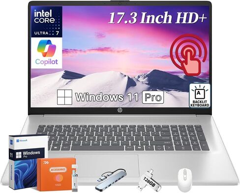 كمبيوتر محمول للأعمال HP 17 بشاشة تعمل باللمس، شاشة 17.3 بوصة HD+ تعمل باللمس 250 Nit، Intel Ultra 7 255U، 64 جيجابايت DDR5، 1 تيرابايت SSD، مفتاح مساعد، لوحة مفاتيح بإضاءة خلفية، Wi-Fi 6، بلوتوث 5.4، Windows11 Pro، مع ملحقات in Saudi Arabia