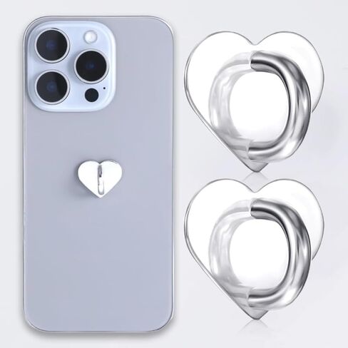 2Pcs Metal Self Adhesive Finger Ring Grip Heart Shaped Phone Case Charm Holder Hook Silver Buckle Clasp DIY Accessories in Saudi Arabia