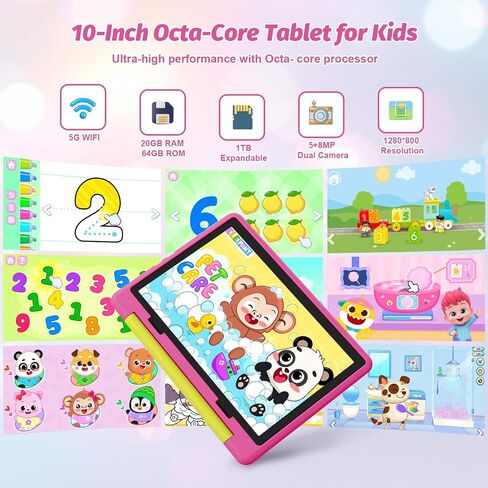 10 inch Kids Tablet with Case, Android 15 Tablet for Kids Ages 3-12 Years, 20GB+64GB(1TB TF Expand), Octa-Core Processor, Parental Controls, WiFi 6, BT5.3,Preloaded Edu Apps (Pink) in Kuwait