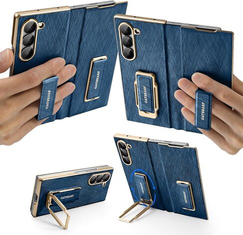 Dual Grip for Samsung Galaxy Z Fold 7 Leather Case with Hand Strap,360° Rotatable Stand,Full Body Screen Protector Flip Cases,Hinge Protection Anti-Scratch Shockproof Phone Cover,Blue Shadow in Kuwait
