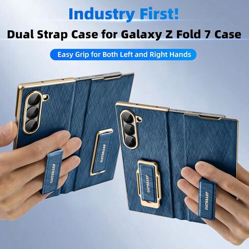 Dual Grip for Samsung Galaxy Z Fold 7 Leather Case with Hand Strap,360° Rotatable Stand,Full Body Screen Protector Flip Cases,Hinge Protection Anti-Scratch Shockproof Phone Cover,Blue Shadow in Kuwait