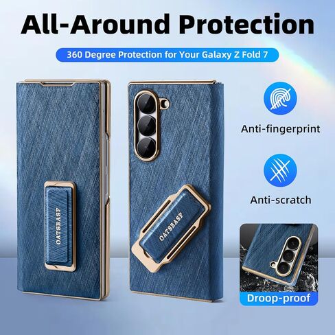 Dual Grip for Samsung Galaxy Z Fold 7 Leather Case with Hand Strap,360° Rotatable Stand,Full Body Screen Protector Flip Cases,Hinge Protection Anti-Scratch Shockproof Phone Cover,Blue Shadow in Kuwait
