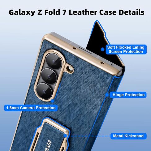 Dual Grip for Samsung Galaxy Z Fold 7 Leather Case with Hand Strap,360° Rotatable Stand,Full Body Screen Protector Flip Cases,Hinge Protection Anti-Scratch Shockproof Phone Cover,Blue Shadow in Kuwait