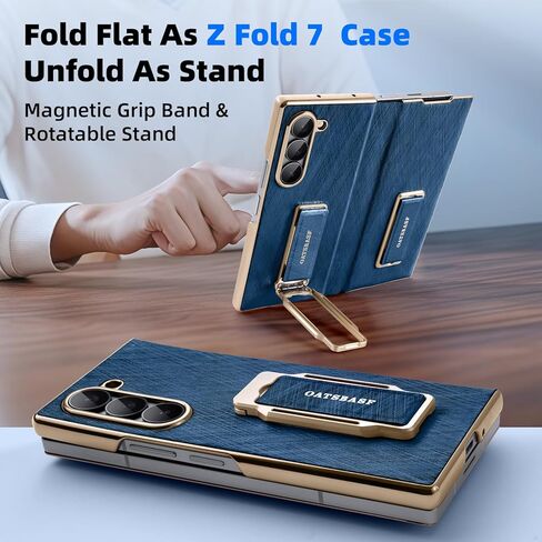 Dual Grip for Samsung Galaxy Z Fold 7 Leather Case with Hand Strap,360° Rotatable Stand,Full Body Screen Protector Flip Cases,Hinge Protection Anti-Scratch Shockproof Phone Cover,Blue Shadow in Kuwait