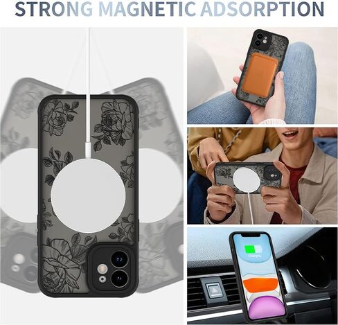 حافظة AIGOMARA لهاتف iPhone 13 [متوافقة مع MagSafe] تصميم بنمط زهور سوداء للنساء والفتيات وممتص للصدمات ناعم من مادة TPU وغطاء خلفي صلب من البولي كربونات مضاد للسقوط ومضاد للصدمات وغطاء مغناطيسي نحيف in Kuwait