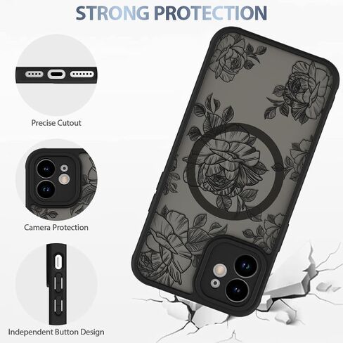حافظة AIGOMARA لهاتف iPhone 13 [متوافقة مع MagSafe] تصميم بنمط زهور سوداء للنساء والفتيات وممتص للصدمات ناعم من مادة TPU وغطاء خلفي صلب من البولي كربونات مضاد للسقوط ومضاد للصدمات وغطاء مغناطيسي نحيف in Kuwait