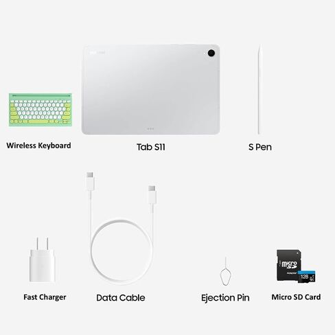 Samsung Galaxy Tab S11 11" Tablet 256GB (2025) Silver + 128GB microSD Card + 25W Super Fast Charger + Mytrix Bluetooth Keyboard – Wi-Fi Android Tablet, Large Display, Work & Study Bundle in Kuwait