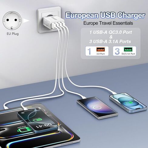 شاحن USB أوروبي، شحن سريع 3.0 40 وات شاحن USB كتلة الاتحاد الأوروبي التوصيل 4 منافذ محول قابس السفر الأوروبي لـ iPhone 17 16 15 14 13 12 11 Plus Pro Max X 8، Galaxy، LG، Pixel، Android in Kuwait