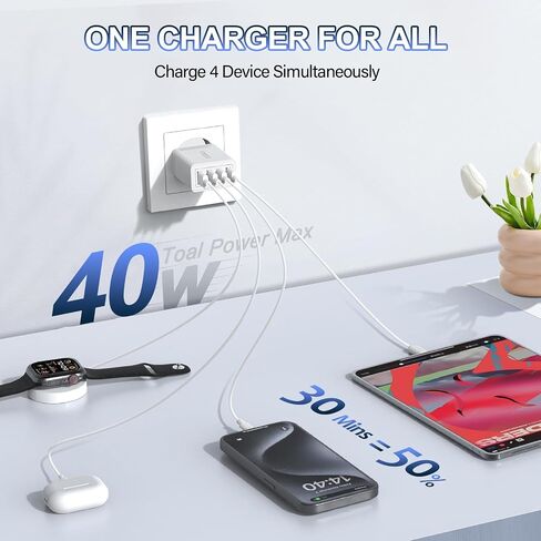 شاحن USB أوروبي، شحن سريع 3.0 40 وات شاحن USB كتلة الاتحاد الأوروبي التوصيل 4 منافذ محول قابس السفر الأوروبي لـ iPhone 17 16 15 14 13 12 11 Plus Pro Max X 8، Galaxy، LG، Pixel، Android in Kuwait