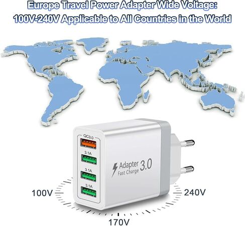 شاحن USB أوروبي، شحن سريع 3.0 40 وات شاحن USB كتلة الاتحاد الأوروبي التوصيل 4 منافذ محول قابس السفر الأوروبي لـ iPhone 17 16 15 14 13 12 11 Plus Pro Max X 8، Galaxy، LG، Pixel، Android in Kuwait