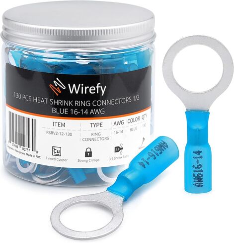 Wirefy 130 PCS Heat Shrink Ring Terminals #8 - a Resistant Ring Connectors - Eyelet Wire Connectors - Blue 16-14 AWG in Saudi Arabia