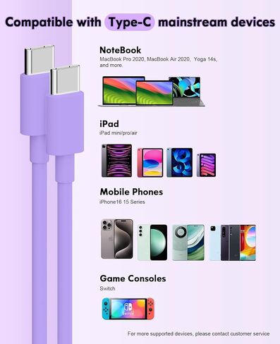 كابل USB C 60 وات 6FT USB من النوع C كابل شحن سريع لهاتف iPhone 16/16 Plus/16 Pro Max/15/15 Plus/15 Pro Max، MacBook Pro، iPad Pro Air، Samsung S24/S24 Ultra/S23 (أرجواني) in Saudi Arabia
