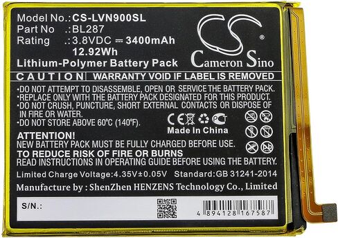 3400mAh Battery Compatible with LEN0VO K9 Note, for Part No. BL287 in Saudi Arabia