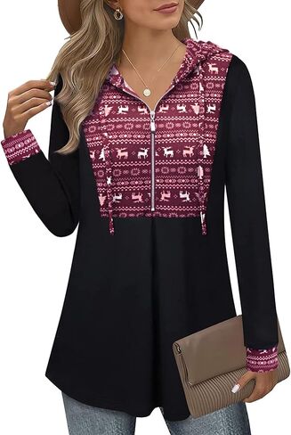 Bulotus Women's Quarter Zip Hoodies Pullover Long Sleeve Color Block Tunic Tops Drawstring Lightweight Sweatshirts in Saudi Arabia