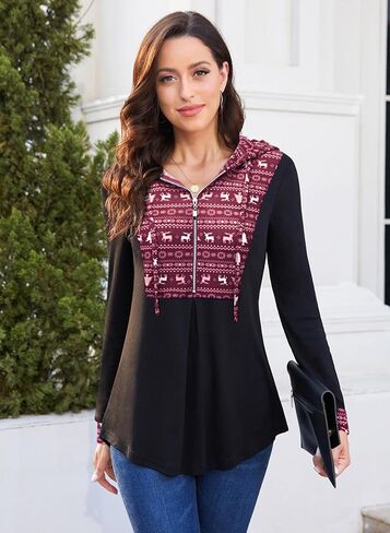 Bulotus Women's Quarter Zip Hoodies Pullover Long Sleeve Color Block Tunic Tops Drawstring Lightweight Sweatshirts in Saudi Arabia