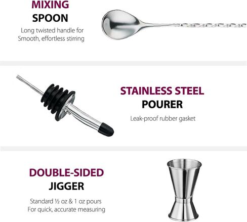 مجموعة شيكر الكوكتيل المكونة من 7 قطع - أدوات البار - مجموعة شيكر الكوكتيل المصنوعة من الفولاذ المقاوم للصدأ، مع جميع ملحقات البار، مصفاة كوكتيل، جيجر مزدوج، ملعقة بار، فتاحة زجاجات، فوهات صب in Kuwait