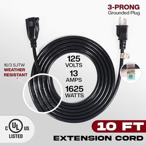 2 Pack of 3 Ft Black Extension Cord, Weather-Resistant 16/3 SJTW, 1625 Watt, 13 AMP Rating with UL Listed for Indoor and Outdoor Uses in Kuwait