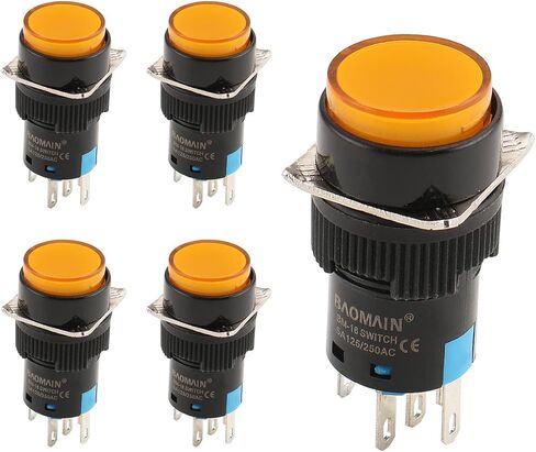 Baomain 5/8" 16mm Push Button Switch Latching Round Cap LED Lamp Red Yellow Orange Blue Green Light DC 24V SPDT 5 Pin 5 Pack in Kuwait