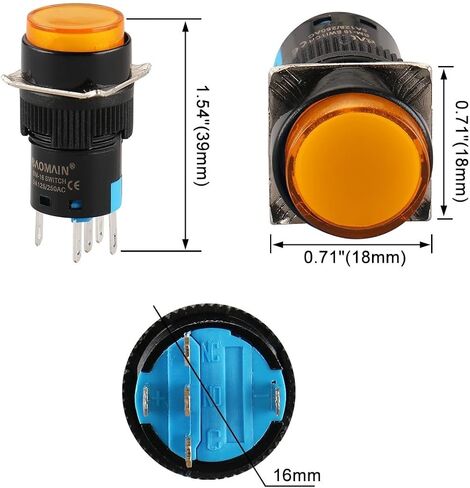 Baomain 5/8" 16mm Push Button Switch Latching Round Cap LED Lamp Red Yellow Orange Blue Green Light DC 24V SPDT 5 Pin 5 Pack in Kuwait