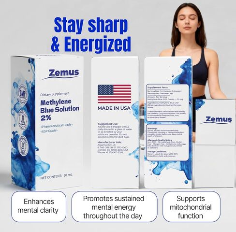 Methylene Blue 2% – 60 ML (2.03 fl oz) - 60 Day Supply - Nootropic Supplement – Ultra Pure USP Grade, – Made in USA, No Preservatives, Non-Therapeutic, Lab-Tested in Saudi Arabia