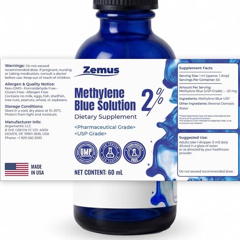 Methylene Blue 2% – 60 ML (2.03 fl oz) - 60 Day Supply - Nootropic Supplement – Ultra Pure USP Grade, – Made in USA, No Preservatives, Non-Therapeutic, Lab-Tested in Saudi Arabia