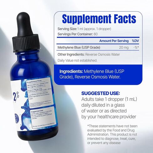 Methylene Blue 2% – 60 ML (2.03 fl oz) - 60 Day Supply - Nootropic Supplement – Ultra Pure USP Grade, – Made in USA, No Preservatives, Non-Therapeutic, Lab-Tested in Saudi Arabia