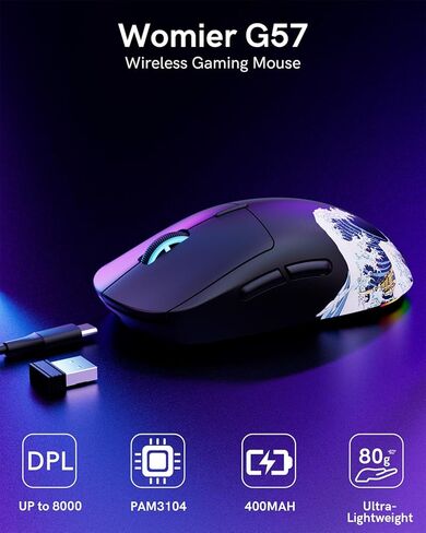 ماوس ألعاب لاسلكي G57، 8000 نقطة في البوصة، 80 جرام، 2.4 جيجا/بلوتوث/USB-C ماوس لاسلكي قابل لإعادة الشحن مع 5 أزرار قابلة للبرمجة للكمبيوتر/ماك، أسود in Kuwait