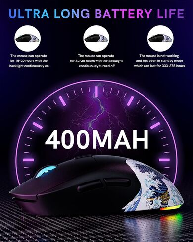 ماوس ألعاب لاسلكي G57، 8000 نقطة في البوصة، 80 جرام، 2.4 جيجا/بلوتوث/USB-C ماوس لاسلكي قابل لإعادة الشحن مع 5 أزرار قابلة للبرمجة للكمبيوتر/ماك، أسود in Kuwait