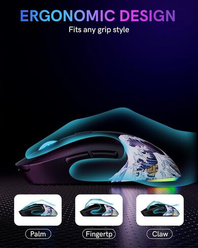 ماوس ألعاب لاسلكي G57، 8000 نقطة في البوصة، 80 جرام، 2.4 جيجا/بلوتوث/USB-C ماوس لاسلكي قابل لإعادة الشحن مع 5 أزرار قابلة للبرمجة للكمبيوتر/ماك، أسود in Kuwait