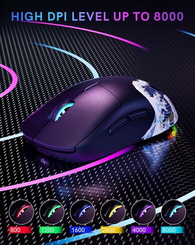 ماوس ألعاب لاسلكي G57، 8000 نقطة في البوصة، 80 جرام، 2.4 جيجا/بلوتوث/USB-C ماوس لاسلكي قابل لإعادة الشحن مع 5 أزرار قابلة للبرمجة للكمبيوتر/ماك، أسود in Kuwait