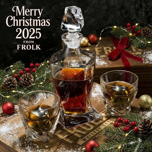 Whiskey Decanter and Stones Gift Set for Men - Whiskey Decanter, 2 Twisted Whiskey Glasses, 6 XL Stainless Steel Whisky Chillers, Freezer Base, 2 Slate Coasters, Tongs & Freezer Pouch in Pinewood Box in Saudi Arabia