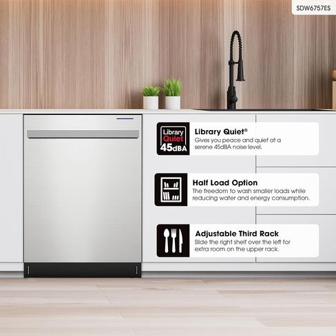 Sharp SDW6757ES Slide-In Dishwasher, Stainless Steel Finish, 24" Wide, Soil Sensors, Premium White LED Interior Lighting, Smooth Glide Rails, Heated Dry Option, Responsive Wash Cycles, Power Wash Zone in Saudi Arabia