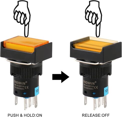 Baomain 5/8" 16mm Push Button Switch Latching Rectangular Cap LED Lamp Orange Light DC 12V SPDT 5 Pin 5 Pack in Saudi Arabia