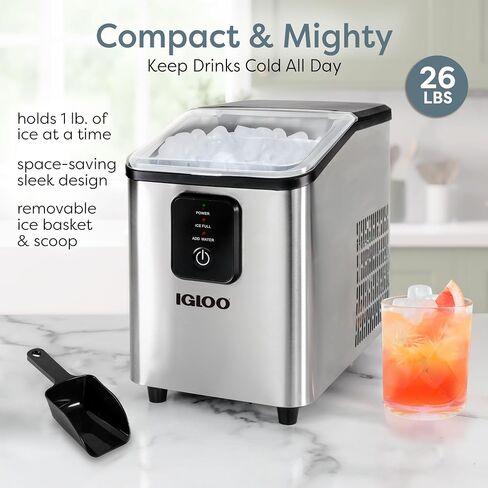 Igloo ICEB26HNSS Automatic Self-Cleaning Portable Electric Countertop Ice Maker Machine With Handle, 26 Pounds in 24 Hours, 9 Ice Cubes Ready in 7 minutes, With Ice Scoop and Basket, Stainless in Kuwait