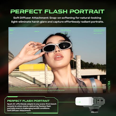 فلاش كاميرا VILTROX Spark Z3 TTL، 650 ومضة كاملة الطاقة 26 وات/ثانية، 1 ثانية إعادة تدوير Speedlite مع 7 مستويات فلاش لكاميرات Fuji Nikon (أخضر، Z3-F) in Kuwait