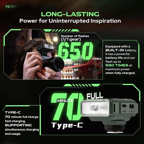 فلاش كاميرا VILTROX Spark Z3 TTL، 650 ومضة كاملة الطاقة 26 وات/ثانية، 1 ثانية إعادة تدوير Speedlite مع 7 مستويات فلاش لكاميرات Fuji Nikon (أخضر، Z3-F) in Kuwait