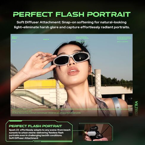 فلاش كاميرا VILTROX Spark Z3 TTL، 650 ومضة كاملة الطاقة 26 وات/ثانية، 1 ثانية إعادة تدوير Speedlite مع 7 مستويات فلاش لكاميرات Fuji Nikon (أخضر، Z3-F) in Saudi Arabia