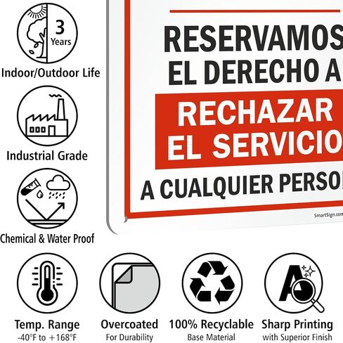 "نحن نحتفظ بالحق في رفض الخدمة لأي شخص" لافتة ثنائية اللغة من SmartSign | 10 × 14 بوصة بلاستيك in Kuwait