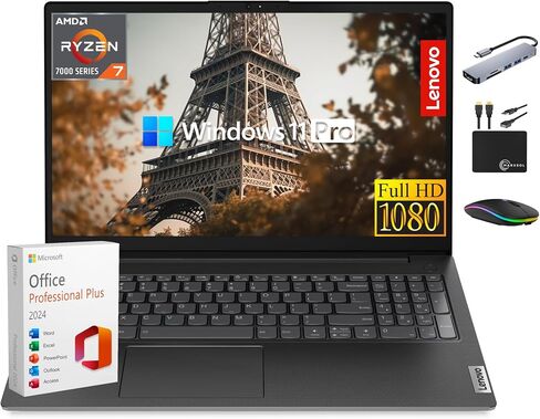 كمبيوتر محمول Lenovo V15 Business Premium، شاشة FHD مقاس 15.6 بوصة، مكتب MS مدى الحياة، معالج AMD Ryzen 7 7730U ثماني النواة، ذاكرة وصول عشوائي 40 جيجابايت، تخزين 2.5 تيرابايت (2 تيرابايت SSD + 500 جيجابايت تحويلة)، Wi-Fi 6، RJ-45 NumPad، MarxsolAccessory in Kuwait