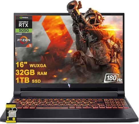 كمبيوتر محمول للألعاب acer Nitro V 16 AI مقاس 16 بوصة WUXGA IPS 180 هرتز AMD Zen4 6-core Ryzen 5 240 32 جيجابايت ذاكرة الوصول العشوائي 1 تيرابايت SSD GeForce RTX 5050 (ما يصل إلى 421 سطح AI) بإضاءة خلفية Win11 مع محور ICP in Saudi Arabia