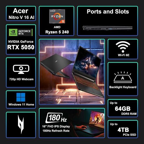 كمبيوتر محمول للألعاب acer Nitro V 16 AI مقاس 16 بوصة WUXGA IPS 180 هرتز AMD Zen4 6-core Ryzen 5 240 32 جيجابايت ذاكرة الوصول العشوائي 1 تيرابايت SSD GeForce RTX 5050 (ما يصل إلى 421 سطح AI) بإضاءة خلفية Win11 مع محور ICP in Saudi Arabia
