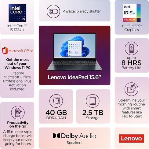 كمبيوتر محمول Lenovo IdeaPad لطلاب الأعمال 2025-2026، مكتب مدى الحياة، كمبيوتر آلي، معالج Intel i5 10-Core، شاشة لمس FHD مقاس 15.6 بوصة، ذاكرة وصول عشوائي 16 جيجابايت، تخزين 1 تيرابايت (512 جيجابايت SSD+500 جيجابايت ملحق)، HubxcelAccessory، Win 11 Pro in Kuwait