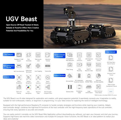Waveshare Open-Source Off-Road Tracked AI Robot, Compatible with Raspberry Pi 5, Dual Controllers, Computer Vision, PI5-4GB NOT Included in Saudi Arabia