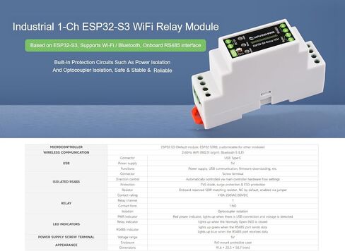 وحدة ترحيل WiFi صناعية 1-Ch ESP32-S3، تدعم التحكم RS485/WIFi/Bluetooth، تصنيف الاتصال للمرحل حتى 10A 250VAC/30VDC، مع دوائر حماية عزل متعددة، حقيبة مثبتة على السكك الحديدية in Saudi Arabia