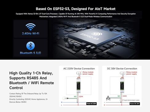وحدة ترحيل WiFi صناعية 1-Ch ESP32-S3، تدعم التحكم RS485/WIFi/Bluetooth، تصنيف الاتصال للمرحل حتى 10A 250VAC/30VDC، مع دوائر حماية عزل متعددة، حقيبة مثبتة على السكك الحديدية in Saudi Arabia