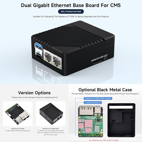 Waveshare Mini Dual Gigabit Ethernet Base Board, Mini-Computer Kit, Compatible with Raspberry Pi Compute Module 5 (NOT Included), for All Variants of CM5, Comes with Case and Power Supply in Saudi Arabia