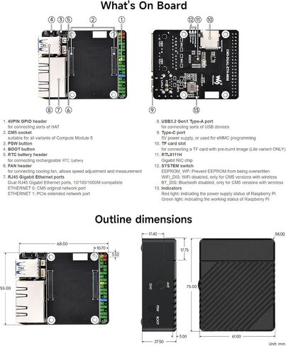 Waveshare Mini Dual Gigabit Ethernet Base Board, Mini-Computer Kit, Compatible with Raspberry Pi Compute Module 5 (NOT Included), for All Variants of CM5, Comes with Case and Power Supply in Saudi Arabia